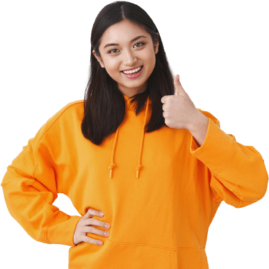 sounds good waist up portrait upbeat optimistic asian woman orange hoodie showing thumbs up like approval gesture smiling nod acceptingly removebg preview f9e4c792